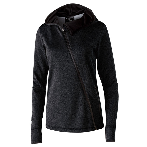 Holloway Women’s Black Heather Fleece Full Zip Hooded Artillery Angled Jacket