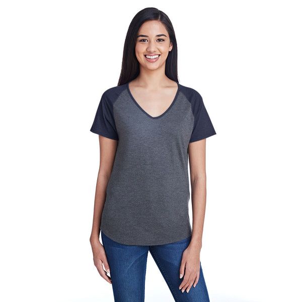 Anvil Women’s Heather Grey/Heather Navy Tri-Blend Raglan T-Shirt