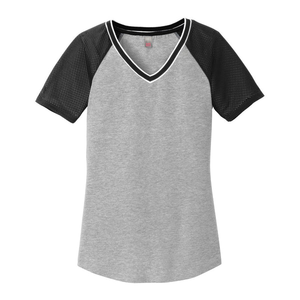 District Women’s Black/Light Heather Grey Mesh Sleeve V-Neck Tee