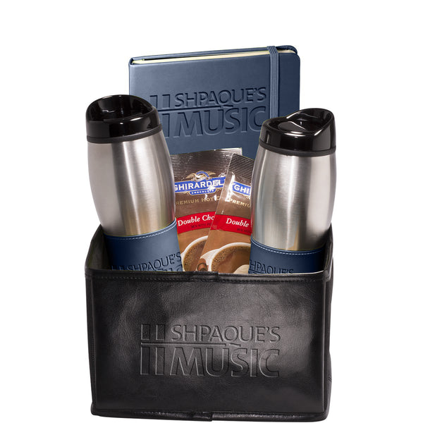 Leeman Black-Navy Blue Tuscany Tumblers, Journal and Ghirardelli Cocoa Set