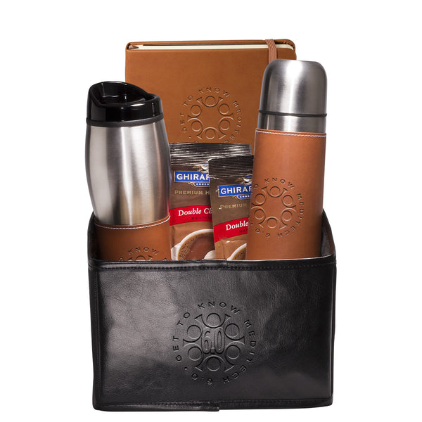 Leeman Black-Tan Tuscany Thermos, Tumbler, Journal, and Ghirardelli Gift Set