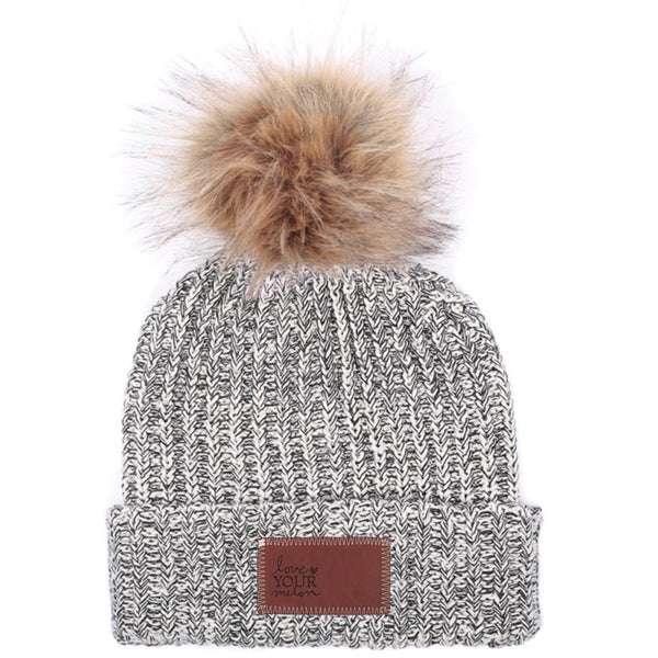 Love Your Melon Black Speckled Beanie with Natural Pom