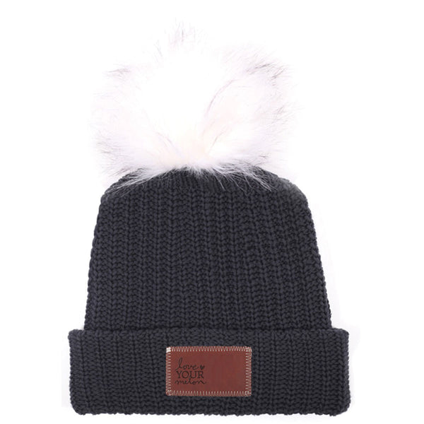 Love Your Melon Dark Charcoal Beanie with White Pom