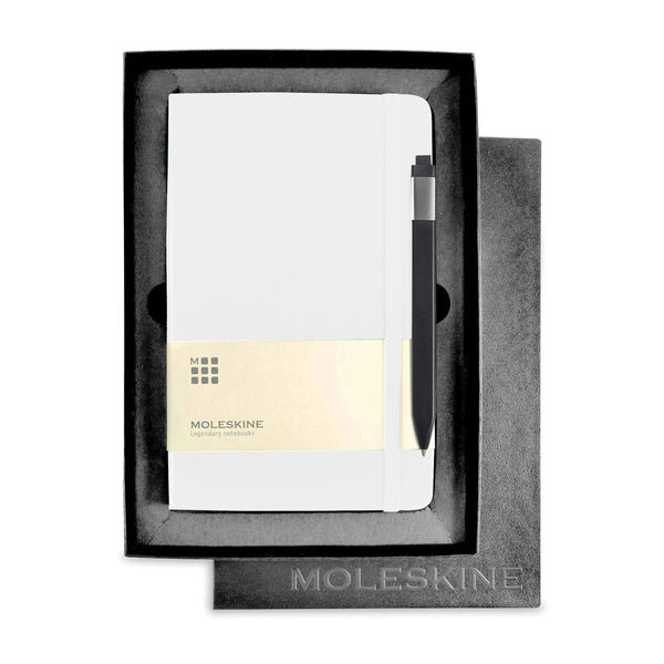 Moleskine Gift Set with White Large Hard Cover Ruled Notebook and Black Pen (5″ x 8.25″)